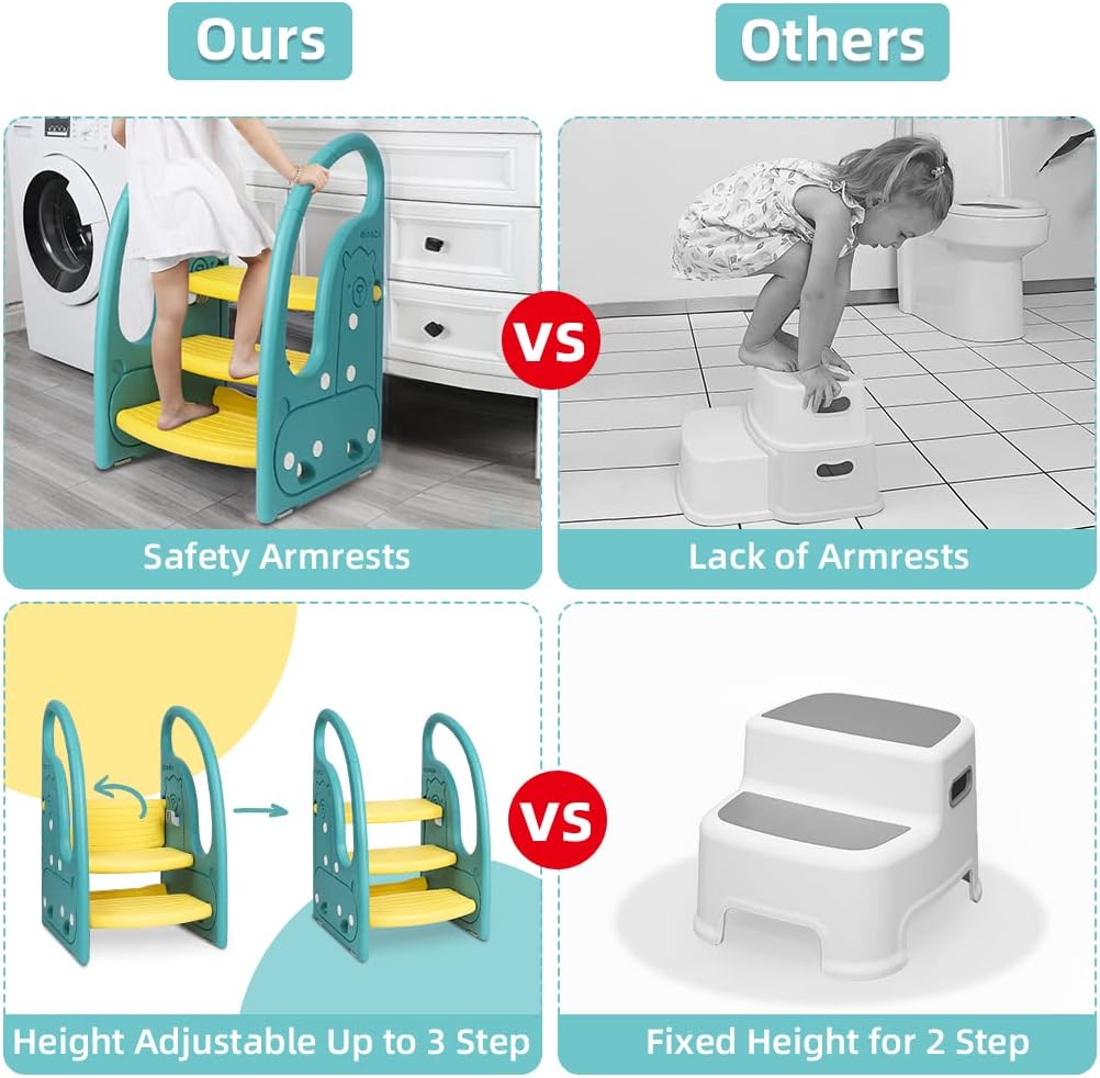 Toddler 3 Step Stool Kids Standing Tower for Toddlers Plastic Learning Helper Stool for Kitchen Counter Bathroom Sink Toilet Potty Training with Handles and Non-Slip Pads-Grey White