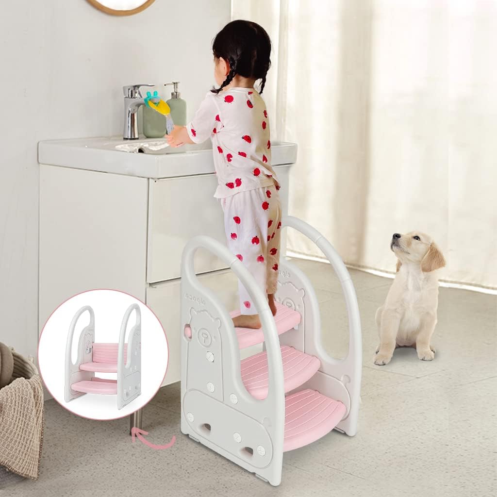 Toddler 3 Step Stool Kids Standing Tower for Toddlers Plastic Learning Helper Stool for Kitchen Counter Bathroom Sink Toilet Potty Training with Handles and Non-Slip Pads-Grey White