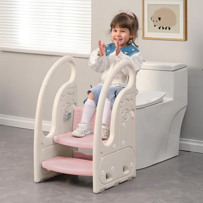 Toddler 3 Step Stool Kids Standing Tower for Toddlers Plastic Learning Helper Stool for Kitchen Counter Bathroom Sink Toilet Potty Training with Handles and Non-Slip Pads-Grey White