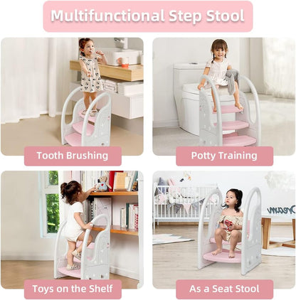 Toddler 3 Step Stool Kids Standing Tower for Toddlers Plastic Learning Helper Stool for Kitchen Counter Bathroom Sink Toilet Potty Training with Handles and Non-Slip Pads-Grey White