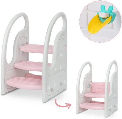 Toddler 3 Step Stool Kids Standing Tower for Toddlers Plastic Learning Helper Stool for Kitchen Counter Bathroom Sink Toilet Potty Training with Handles and Non-Slip Pads-Grey White