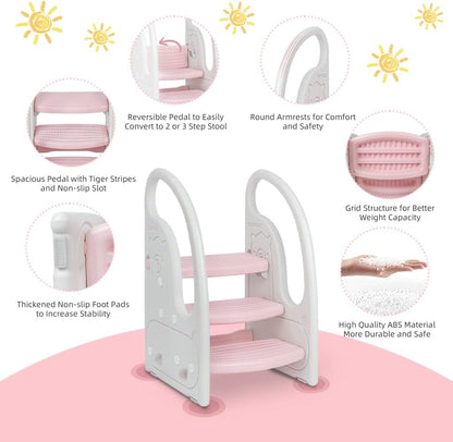 Toddler 3 Step Stool Kids Standing Tower for Toddlers Plastic Learning Helper Stool for Kitchen Counter Bathroom Sink Toilet Potty Training with Handles and Non-Slip Pads-Grey White