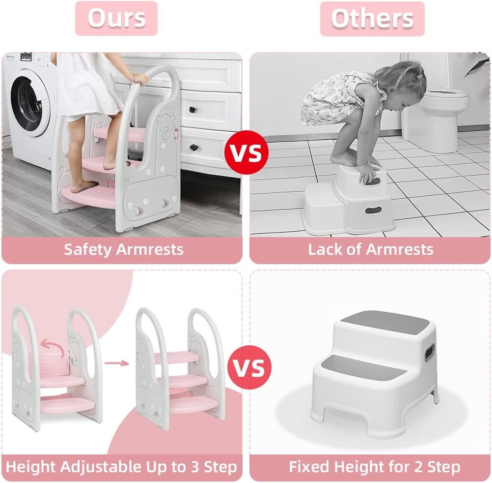 Toddler 3 Step Stool Kids Standing Tower for Toddlers Plastic Learning Helper Stool for Kitchen Counter Bathroom Sink Toilet Potty Training with Handles and Non-Slip Pads-Grey White
