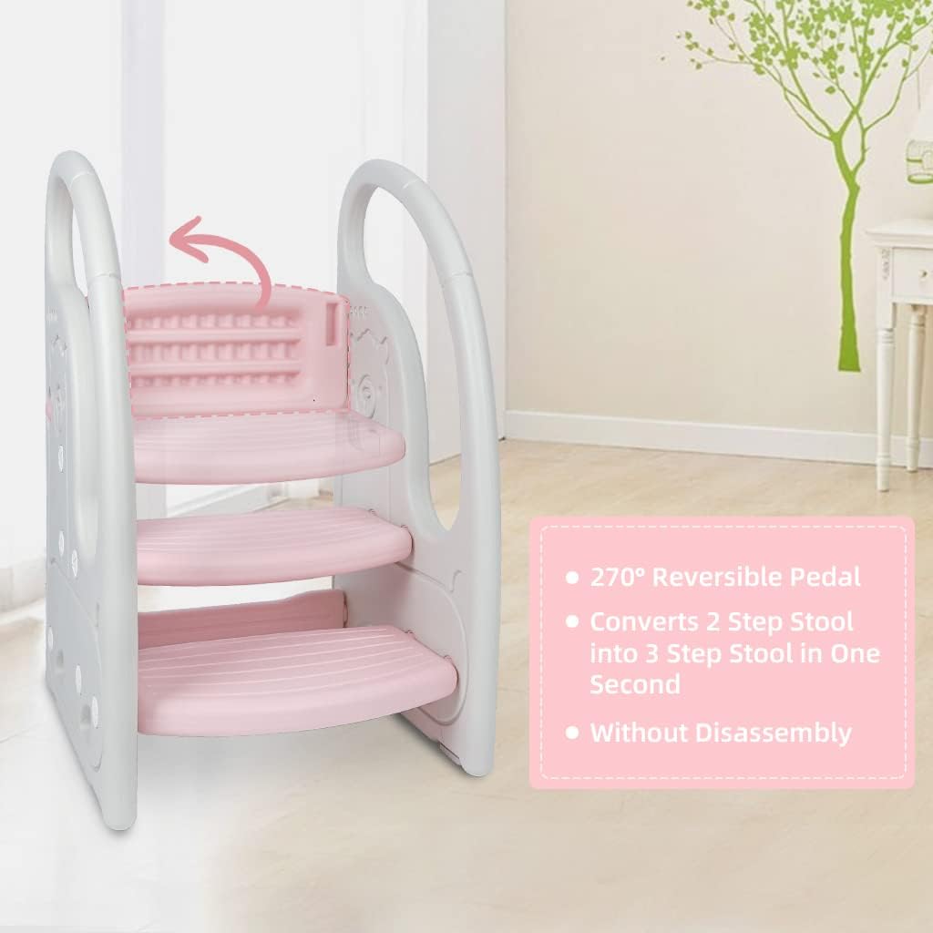 Toddler 3 Step Stool Kids Standing Tower for Toddlers Plastic Learning Helper Stool for Kitchen Counter Bathroom Sink Toilet Potty Training with Handles and Non-Slip Pads-Grey White