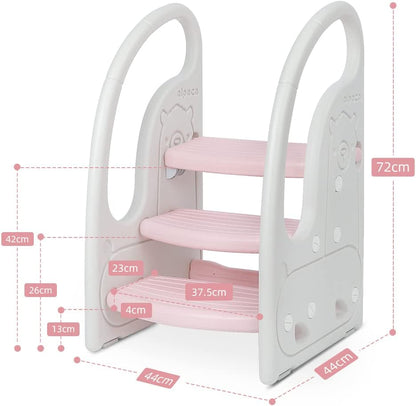 Toddler 3 Step Stool Kids Standing Tower for Toddlers Plastic Learning Helper Stool for Kitchen Counter Bathroom Sink Toilet Potty Training with Handles and Non-Slip Pads-Grey White