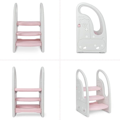Toddler 3 Step Stool Kids Standing Tower for Toddlers Plastic Learning Helper Stool for Kitchen Counter Bathroom Sink Toilet Potty Training with Handles and Non-Slip Pads-Grey White
