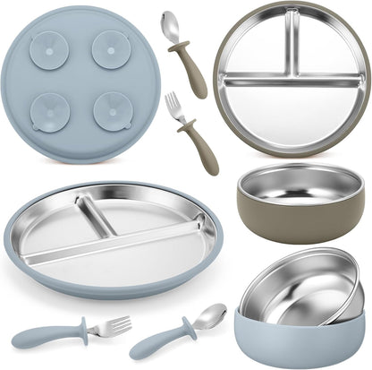 2 Pack Stainless Steel Baby Plates and Bowls with Suction & 2 Pack Spoons and Forks Set Kid Gift Toddler Utensil Baby Feeding Set Divided Plates for Weaning Supplies(Blue,Green)
