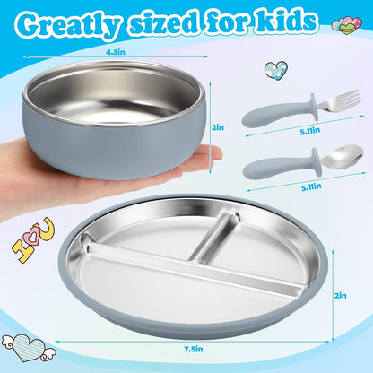 2 Pack Stainless Steel Baby Plates and Bowls with Suction & 2 Pack Spoons and Forks Set Kid Gift Toddler Utensil Baby Feeding Set Divided Plates for Weaning Supplies(Blue,Green)
