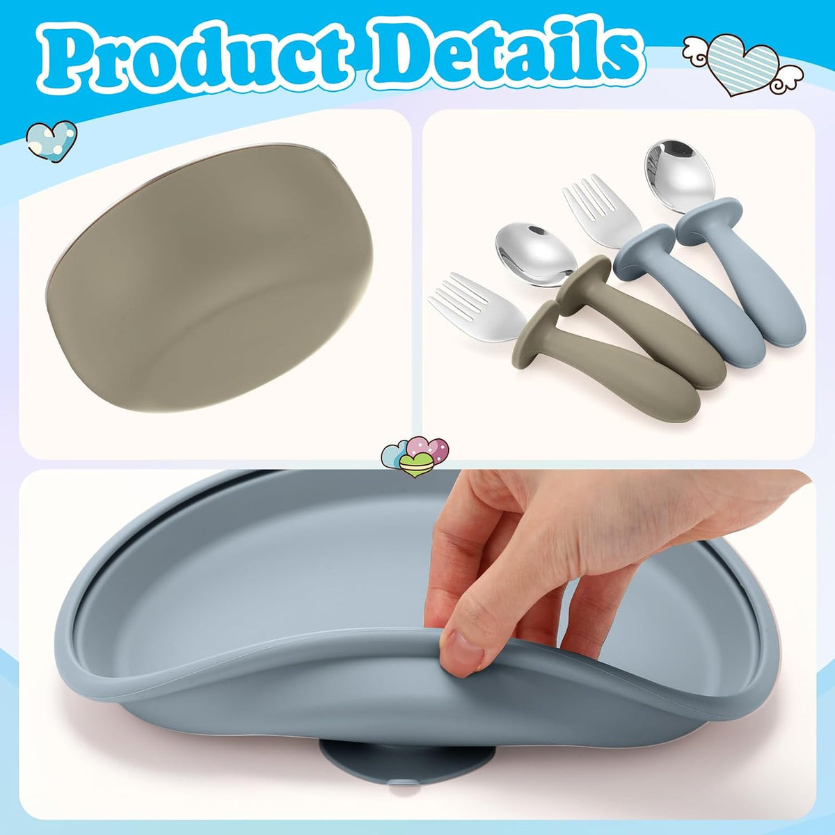2 Pack Stainless Steel Baby Plates and Bowls with Suction & 2 Pack Spoons and Forks Set Kid Gift Toddler Utensil Baby Feeding Set Divided Plates for Weaning Supplies(Blue,Green)