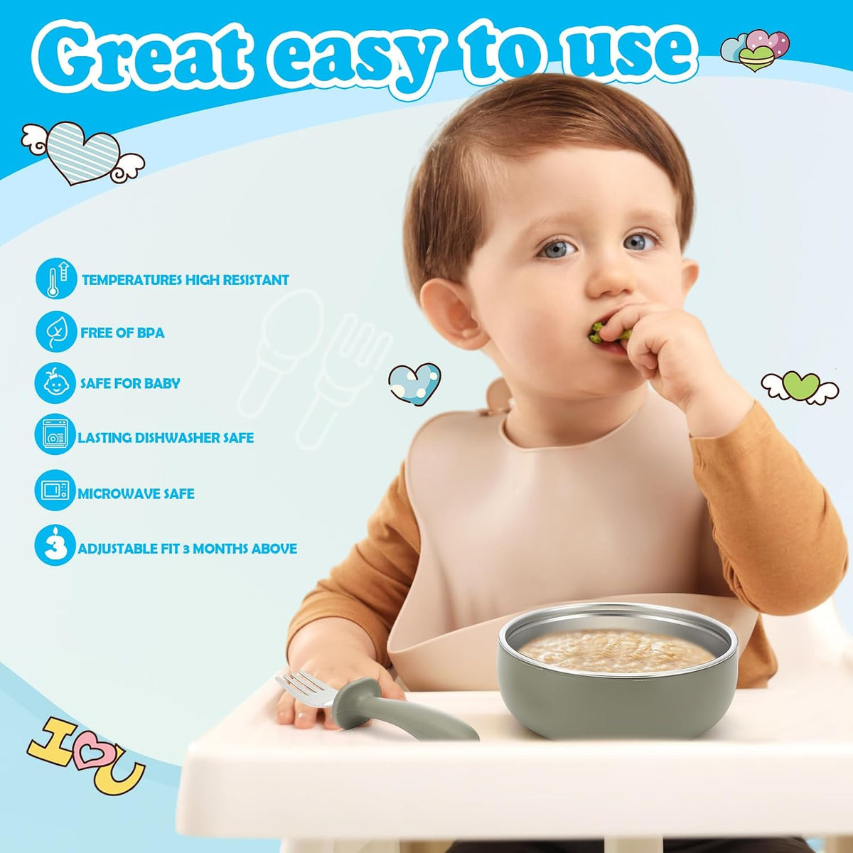 2 Pack Stainless Steel Baby Plates and Bowls with Suction & 2 Pack Spoons and Forks Set Kid Gift Toddler Utensil Baby Feeding Set Divided Plates for Weaning Supplies(Blue,Green)