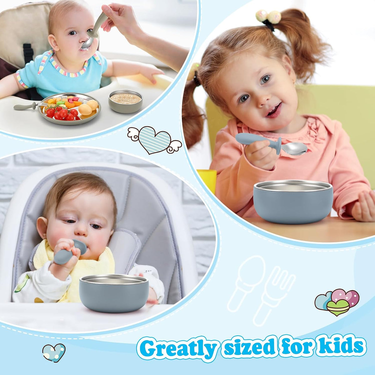 2 Pack Stainless Steel Baby Plates and Bowls with Suction & 2 Pack Spoons and Forks Set Kid Gift Toddler Utensil Baby Feeding Set Divided Plates for Weaning Supplies(Blue,Green)