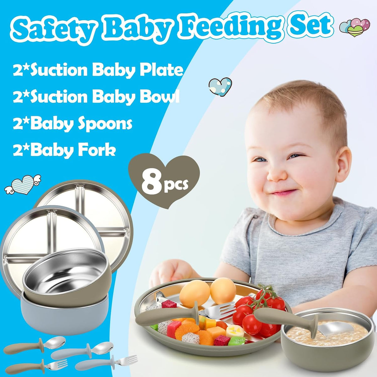 2 Pack Stainless Steel Baby Plates and Bowls with Suction & 2 Pack Spoons and Forks Set Kid Gift Toddler Utensil Baby Feeding Set Divided Plates for Weaning Supplies(Blue,Green)