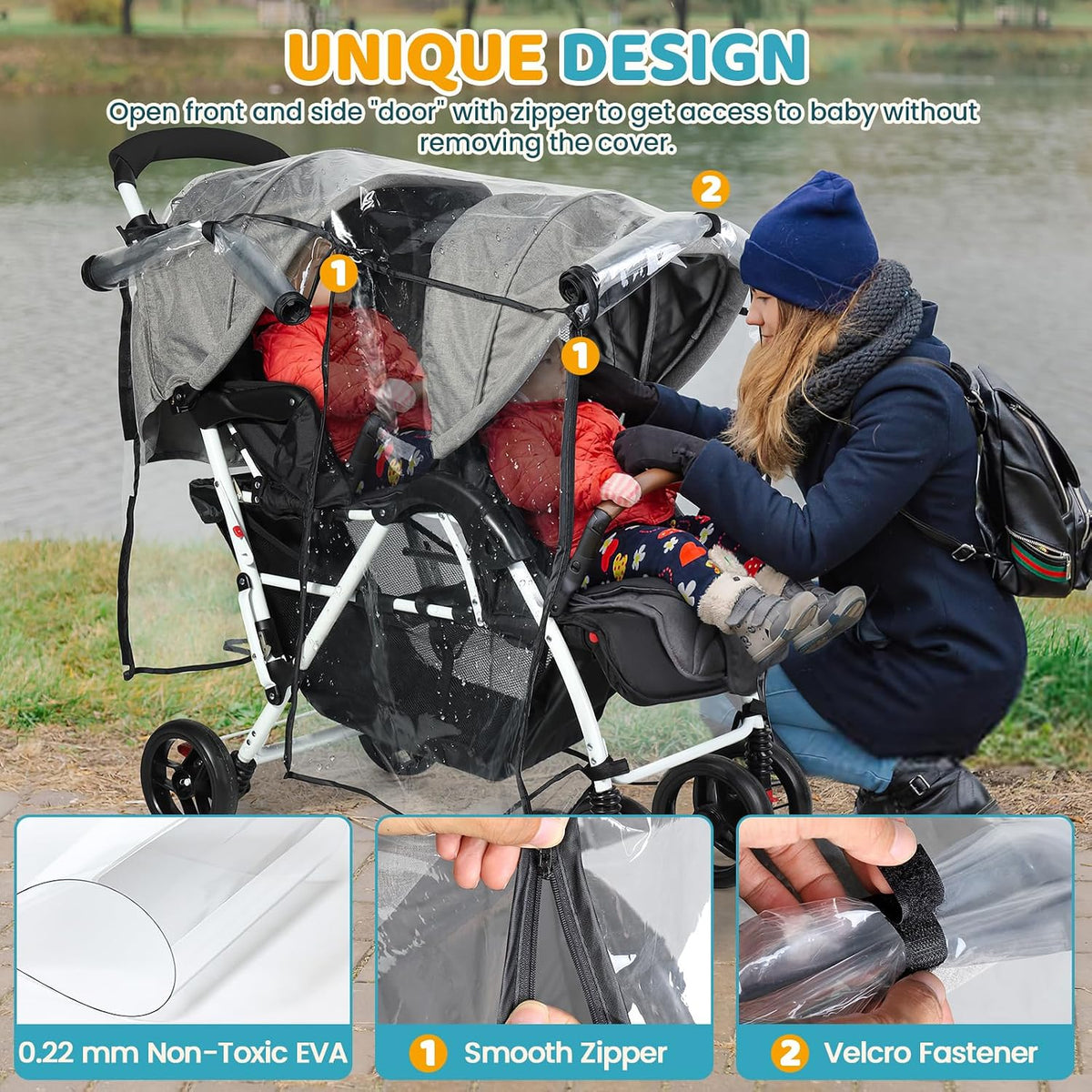 Double Stroller Rain Cover for Tandem Stroller, Universal Fit, Easy Use