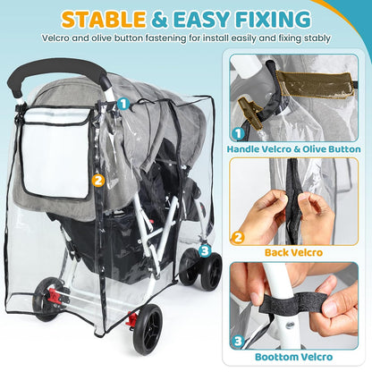 Double Stroller Rain Cover for Tandem Stroller, Universal Fit, Easy Use