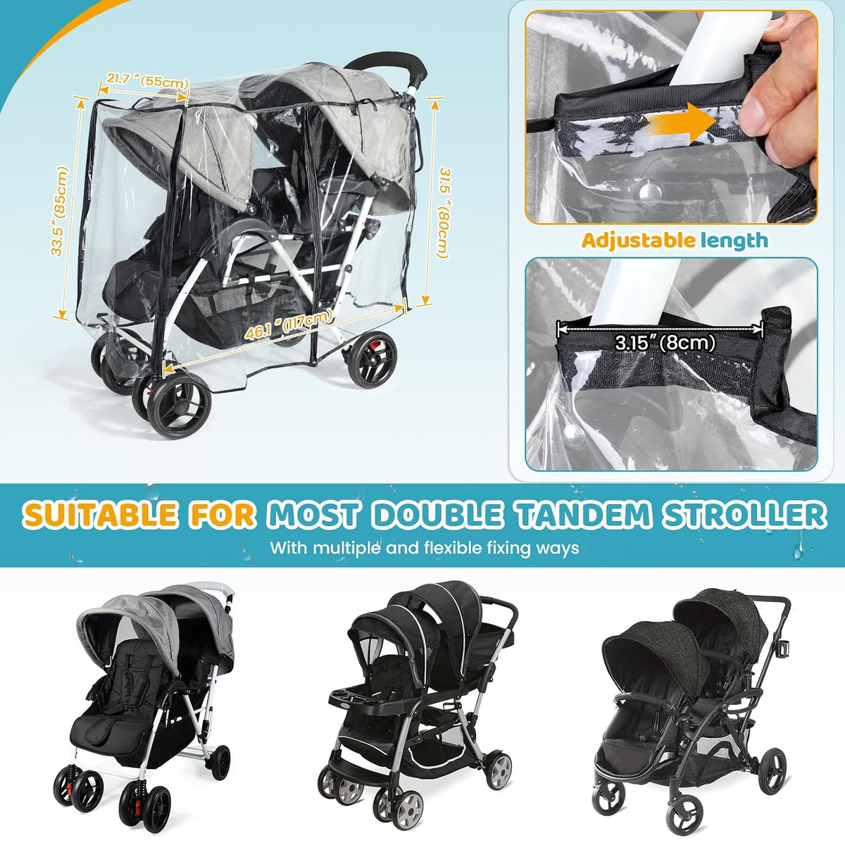 Double Stroller Rain Cover for Tandem Stroller, Universal Fit, Easy Use