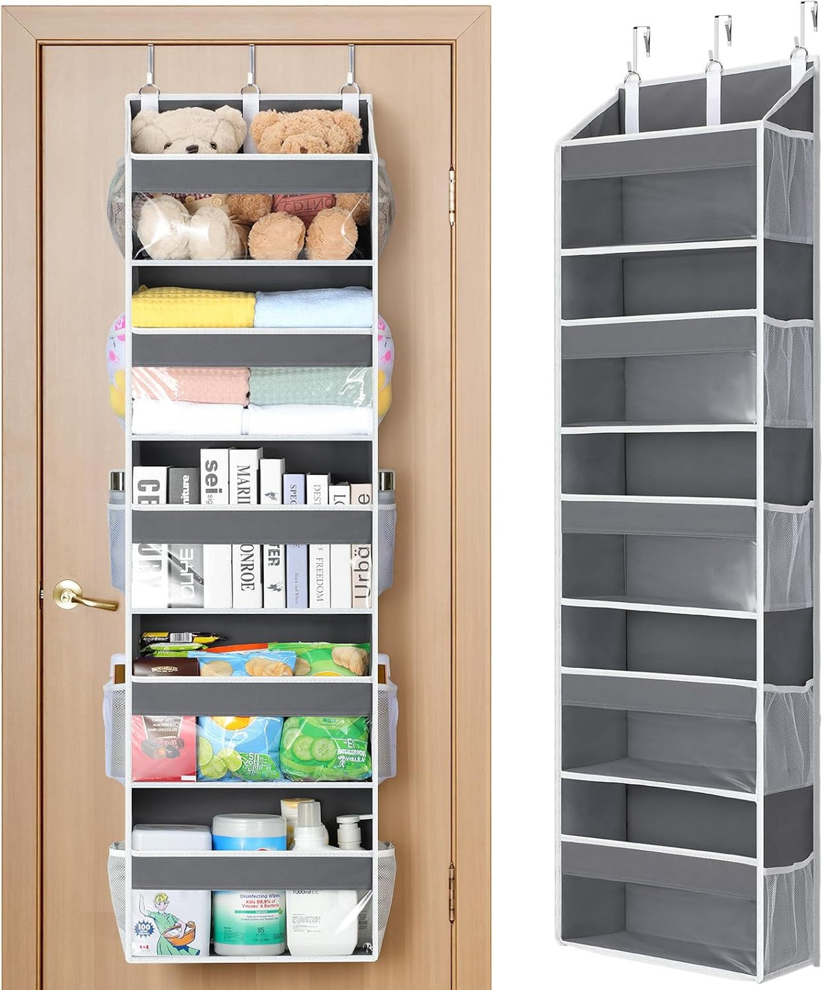 Over the Door Organizer 5 Tiers, Heavy Duty Hanging Storage with 5 Large Clear PVC Pockets and 10 Side Pockets, 56lbs Capacity for Closet Door Bathroom Bedroom Nursery Dorm Laundry Room, Grey