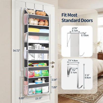 Over the Door Organizer 5 Tiers, Heavy Duty Hanging Storage with 5 Large Clear PVC Pockets and 10 Side Pockets, 56lbs Capacity for Closet Door Bathroom Bedroom Nursery Dorm Laundry Room, Grey