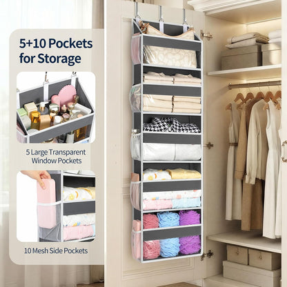 Over the Door Organizer 5 Tiers, Heavy Duty Hanging Storage with 5 Large Clear PVC Pockets and 10 Side Pockets, 56lbs Capacity for Closet Door Bathroom Bedroom Nursery Dorm Laundry Room, Grey