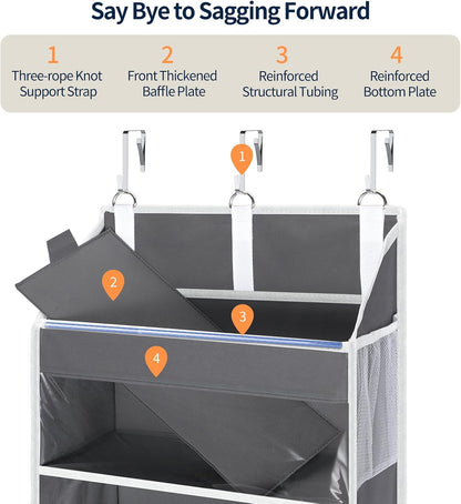 Over the Door Organizer 5 Tiers, Heavy Duty Hanging Storage with 5 Large Clear PVC Pockets and 10 Side Pockets, 56lbs Capacity for Closet Door Bathroom Bedroom Nursery Dorm Laundry Room, Grey