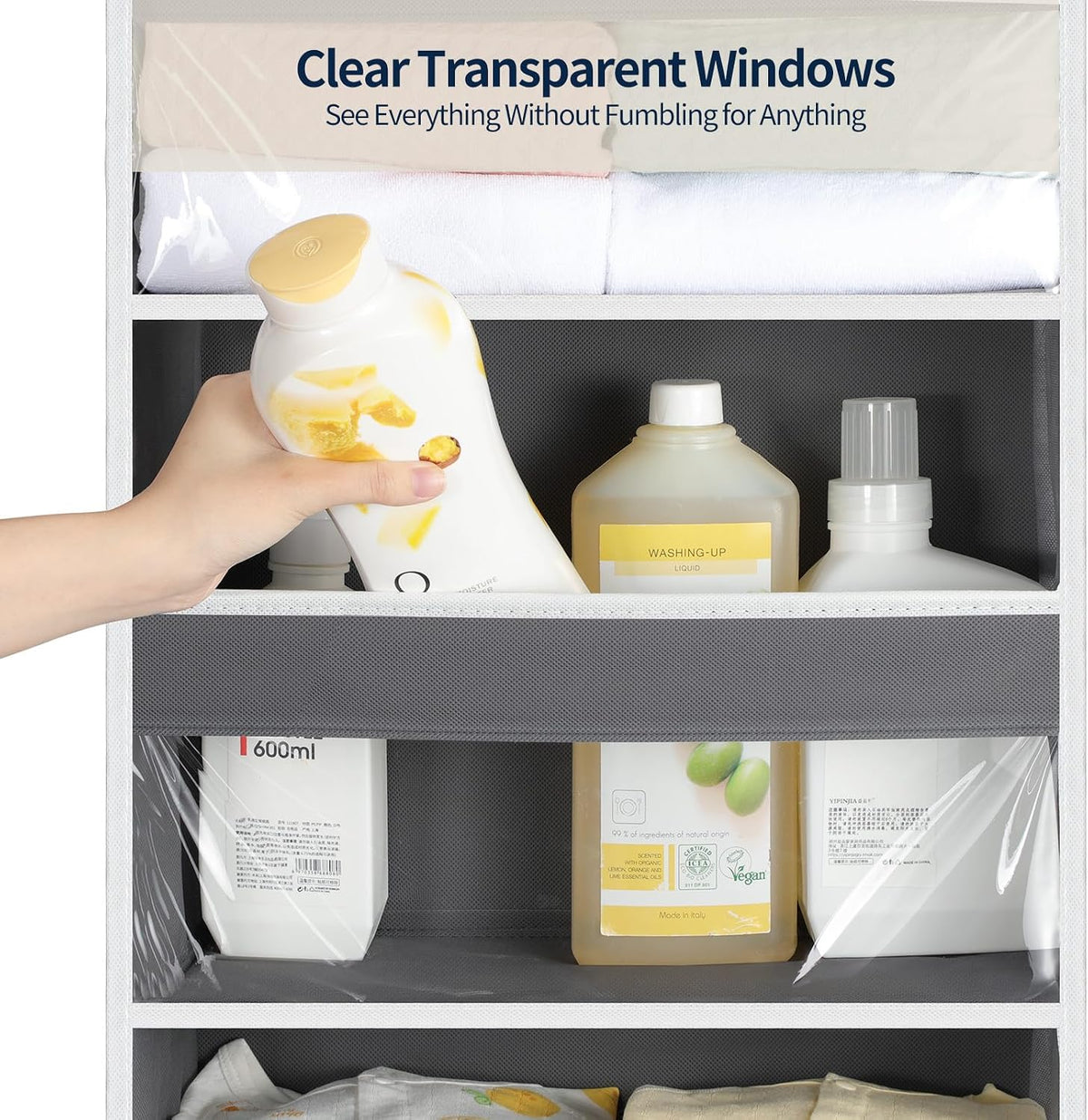 Over the Door Organizer 5 Tiers, Heavy Duty Hanging Storage with 5 Large Clear PVC Pockets and 10 Side Pockets, 56lbs Capacity for Closet Door Bathroom Bedroom Nursery Dorm Laundry Room, Grey