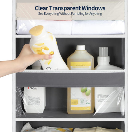 Over the Door Organizer 5 Tiers, Heavy Duty Hanging Storage with 5 Large Clear PVC Pockets and 10 Side Pockets, 56lbs Capacity for Closet Door Bathroom Bedroom Nursery Dorm Laundry Room, Grey
