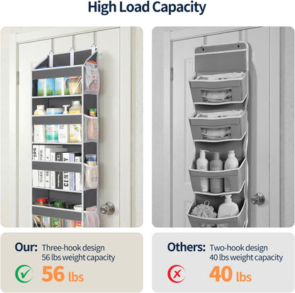 Over the Door Organizer 5 Tiers, Heavy Duty Hanging Storage with 5 Large Clear PVC Pockets and 10 Side Pockets, 56lbs Capacity for Closet Door Bathroom Bedroom Nursery Dorm Laundry Room, Grey