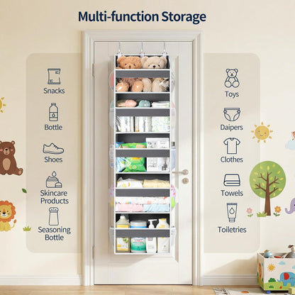 Over the Door Organizer 5 Tiers, Heavy Duty Hanging Storage with 5 Large Clear PVC Pockets and 10 Side Pockets, 56lbs Capacity for Closet Door Bathroom Bedroom Nursery Dorm Laundry Room, Grey