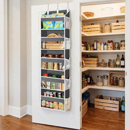 Over the Door Organizer 5 Tiers, Heavy Duty Hanging Storage with 5 Large Clear PVC Pockets and 10 Side Pockets, 56lbs Capacity for Closet Door Bathroom Bedroom Nursery Dorm Laundry Room, Grey
