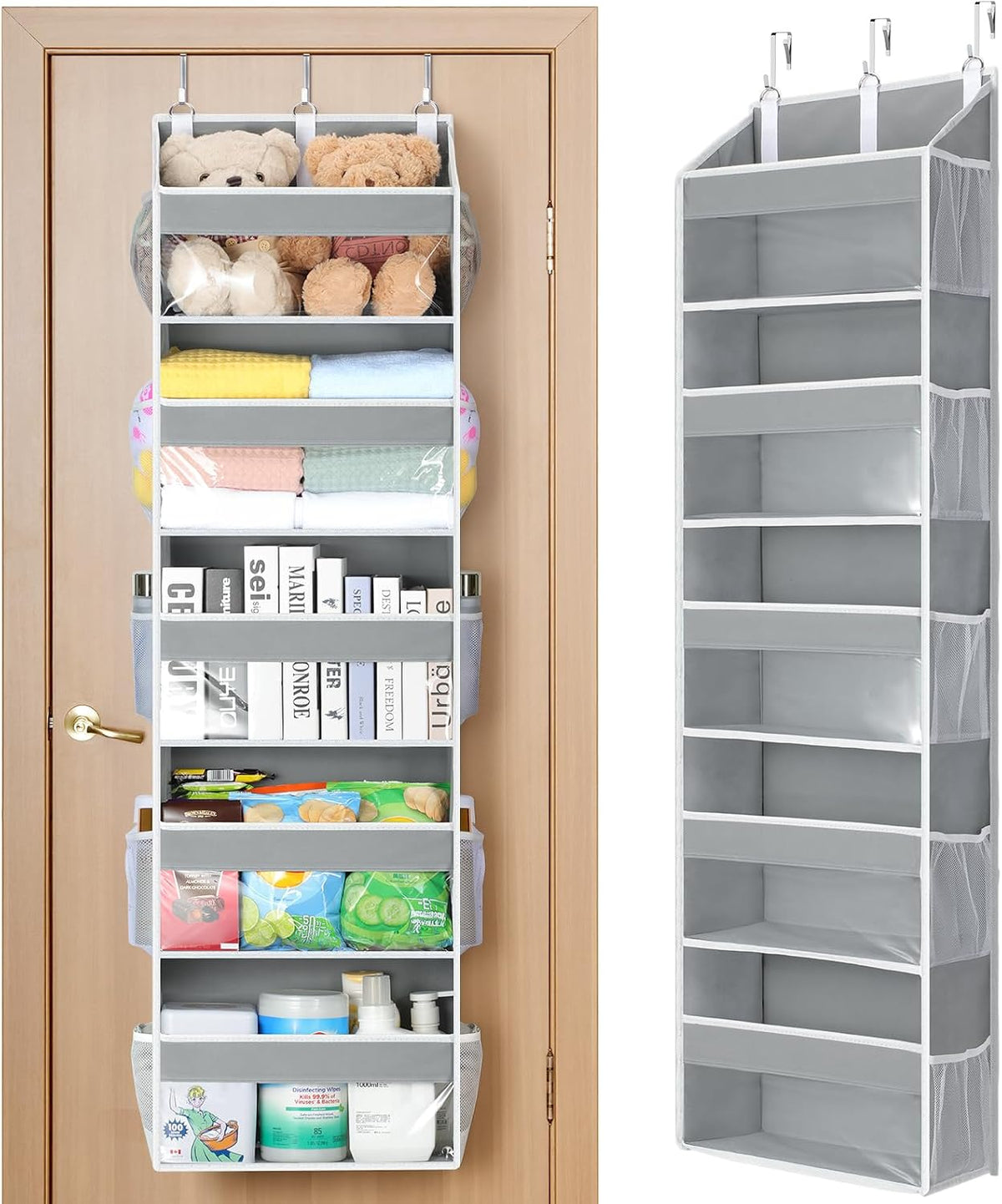 Over the Door Organizer 5 Tiers, Heavy Duty Hanging Storage with 5 Large Clear PVC Pockets and 10 Side Pockets, 56lbs Capacity for Closet Door Bathroom Bedroom Nursery Dorm Laundry Room, Grey