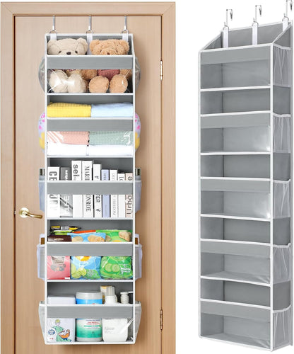 Over the Door Organizer 5 Tiers, Heavy Duty Hanging Storage with 5 Large Clear PVC Pockets and 10 Side Pockets, 56lbs Capacity for Closet Door Bathroom Bedroom Nursery Dorm Laundry Room, Grey