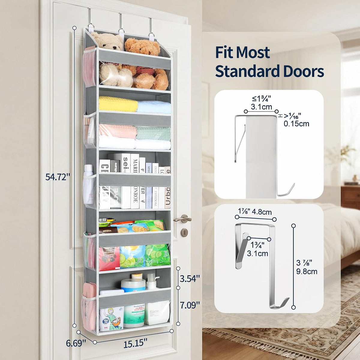 Over the Door Organizer 5 Tiers, Heavy Duty Hanging Storage with 5 Large Clear PVC Pockets and 10 Side Pockets, 56lbs Capacity for Closet Door Bathroom Bedroom Nursery Dorm Laundry Room, Grey