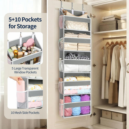 Over the Door Organizer 5 Tiers, Heavy Duty Hanging Storage with 5 Large Clear PVC Pockets and 10 Side Pockets, 56lbs Capacity for Closet Door Bathroom Bedroom Nursery Dorm Laundry Room, Grey