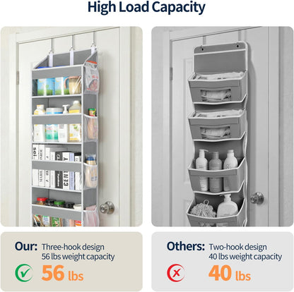 Over the Door Organizer 5 Tiers, Heavy Duty Hanging Storage with 5 Large Clear PVC Pockets and 10 Side Pockets, 56lbs Capacity for Closet Door Bathroom Bedroom Nursery Dorm Laundry Room, Grey