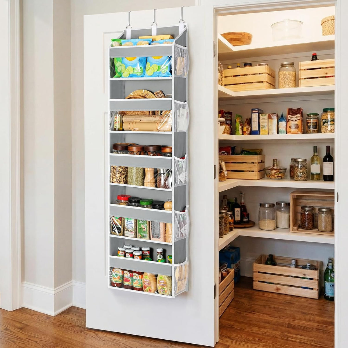 Over the Door Organizer 5 Tiers, Heavy Duty Hanging Storage with 5 Large Clear PVC Pockets and 10 Side Pockets, 56lbs Capacity for Closet Door Bathroom Bedroom Nursery Dorm Laundry Room, Grey