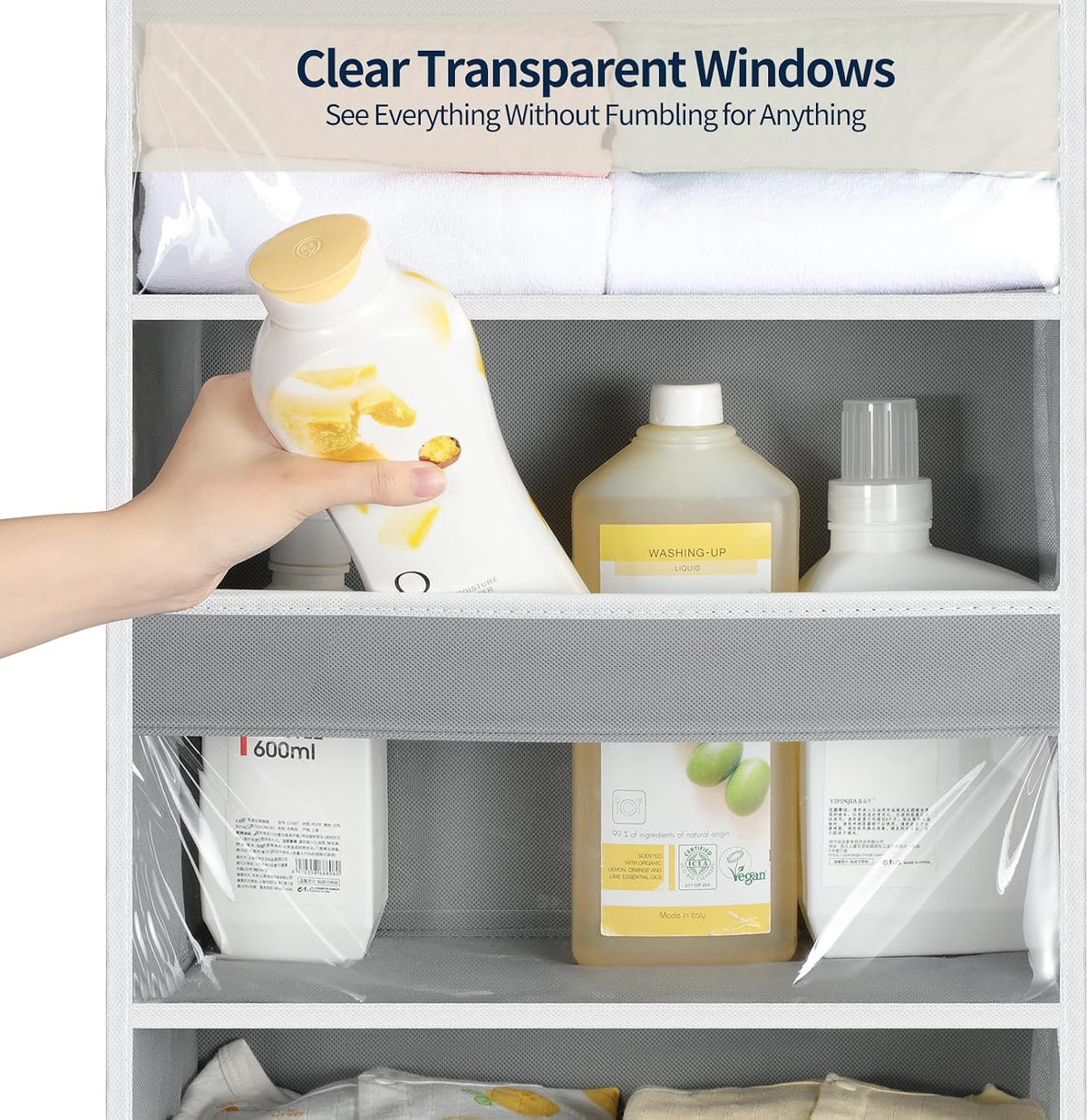 Over the Door Organizer 5 Tiers, Heavy Duty Hanging Storage with 5 Large Clear PVC Pockets and 10 Side Pockets, 56lbs Capacity for Closet Door Bathroom Bedroom Nursery Dorm Laundry Room, Grey