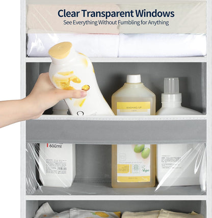 Over the Door Organizer 5 Tiers, Heavy Duty Hanging Storage with 5 Large Clear PVC Pockets and 10 Side Pockets, 56lbs Capacity for Closet Door Bathroom Bedroom Nursery Dorm Laundry Room, Grey