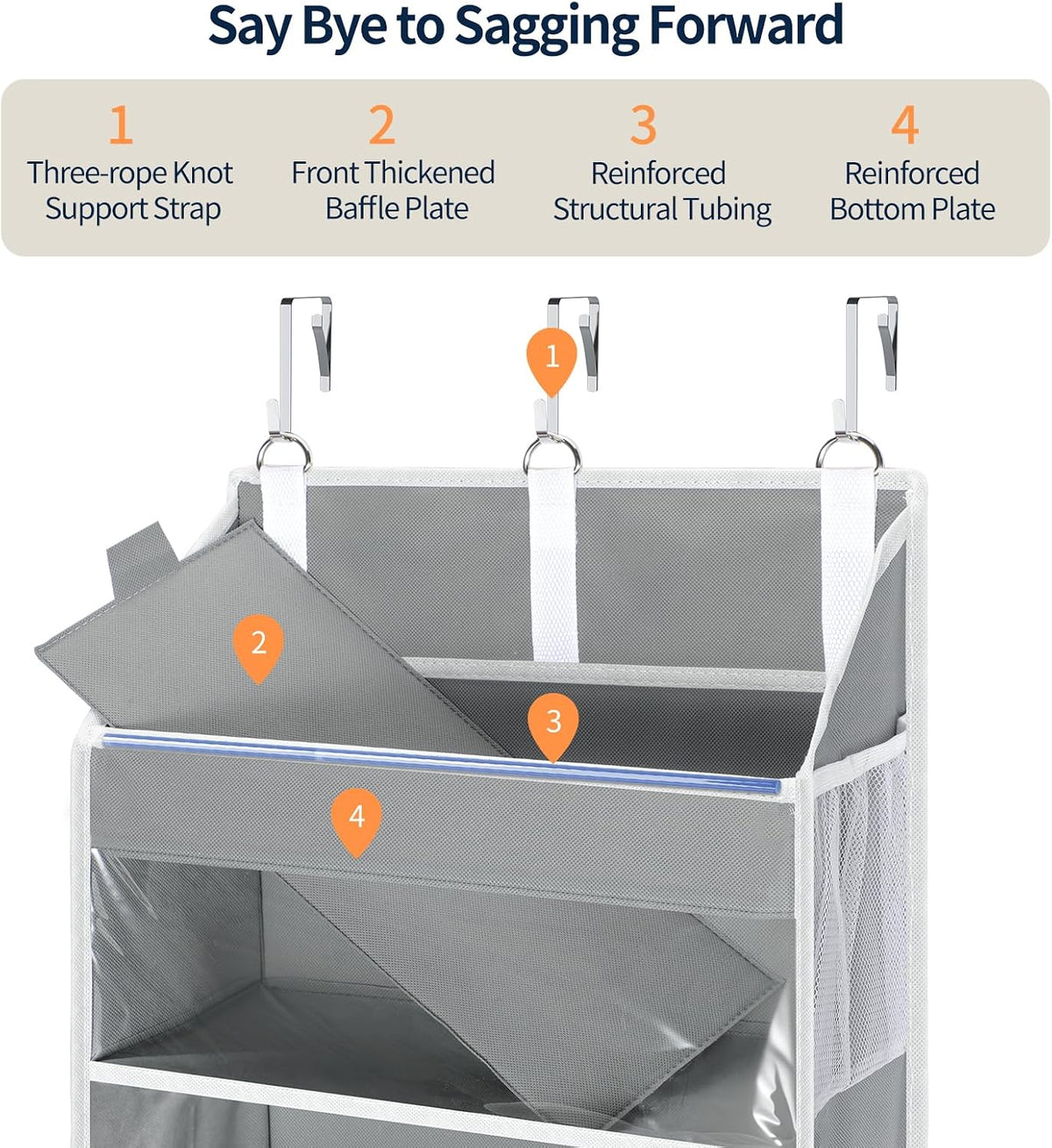 Over the Door Organizer 5 Tiers, Heavy Duty Hanging Storage with 5 Large Clear PVC Pockets and 10 Side Pockets, 56lbs Capacity for Closet Door Bathroom Bedroom Nursery Dorm Laundry Room, Grey