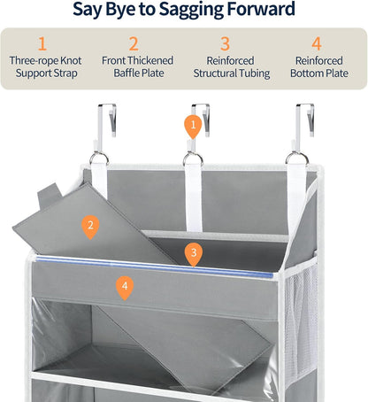 Over the Door Organizer 5 Tiers, Heavy Duty Hanging Storage with 5 Large Clear PVC Pockets and 10 Side Pockets, 56lbs Capacity for Closet Door Bathroom Bedroom Nursery Dorm Laundry Room, Grey