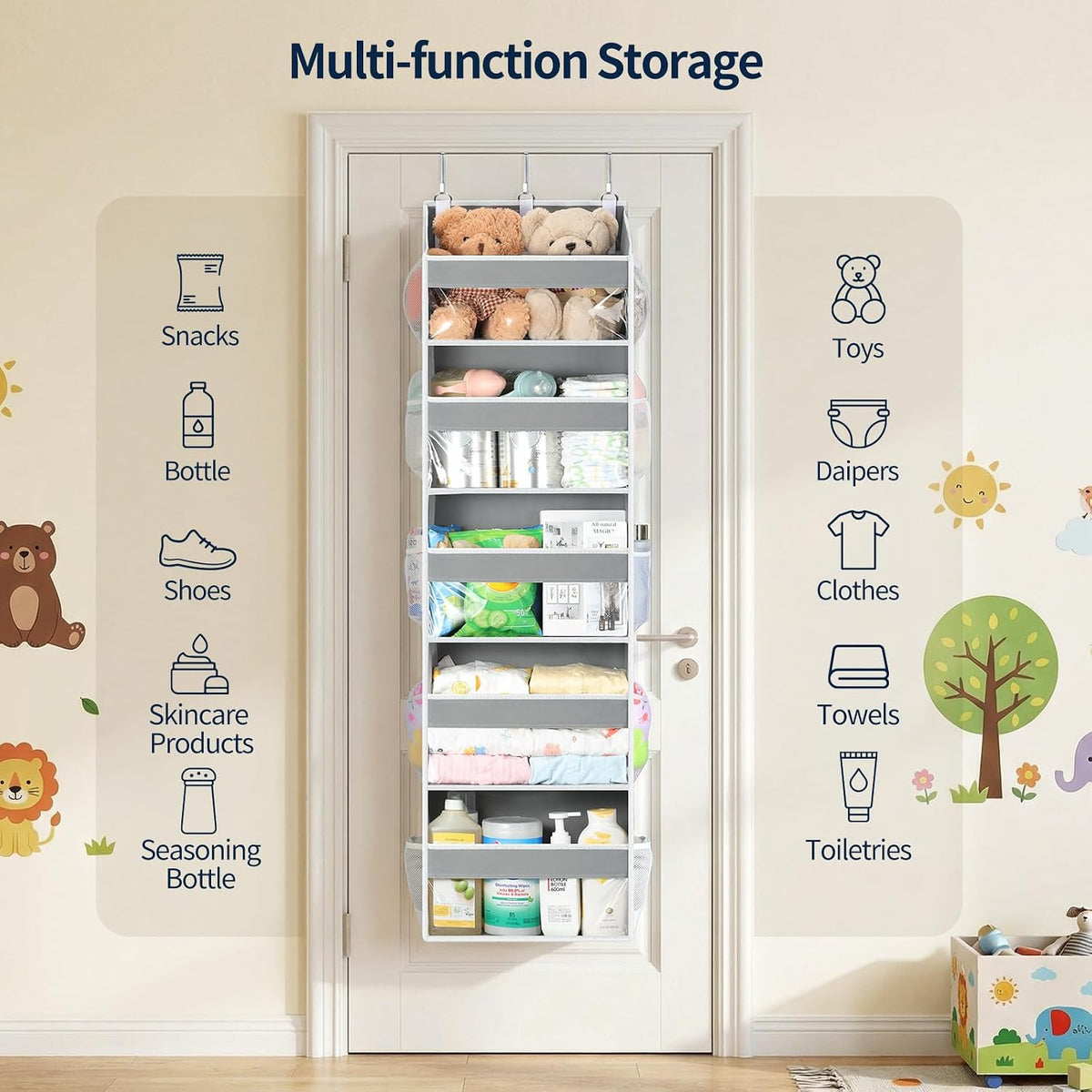 Over the Door Organizer 5 Tiers, Heavy Duty Hanging Storage with 5 Large Clear PVC Pockets and 10 Side Pockets, 56lbs Capacity for Closet Door Bathroom Bedroom Nursery Dorm Laundry Room, Grey