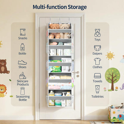 Over the Door Organizer 5 Tiers, Heavy Duty Hanging Storage with 5 Large Clear PVC Pockets and 10 Side Pockets, 56lbs Capacity for Closet Door Bathroom Bedroom Nursery Dorm Laundry Room, Grey