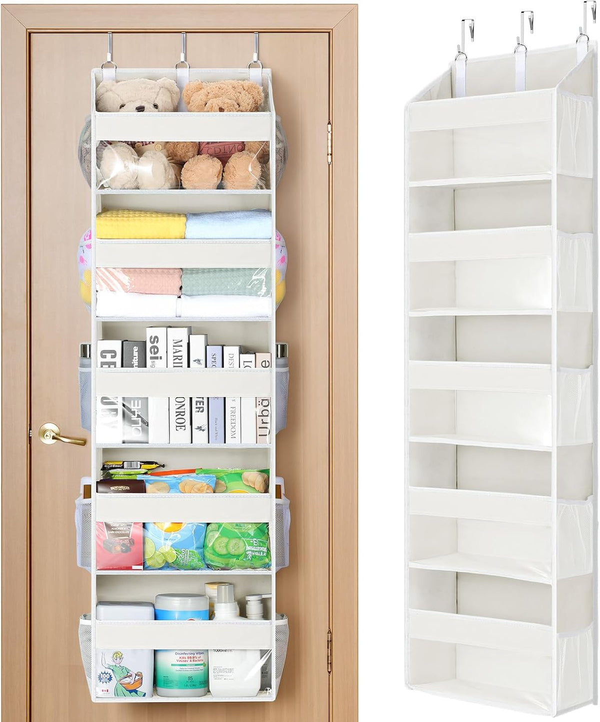 Over the Door Organizer 5 Tiers, Heavy Duty Hanging Storage with 5 Large Clear PVC Pockets and 10 Side Pockets, 56lbs Capacity for Closet Door Bathroom Bedroom Nursery Dorm Laundry Room, Grey