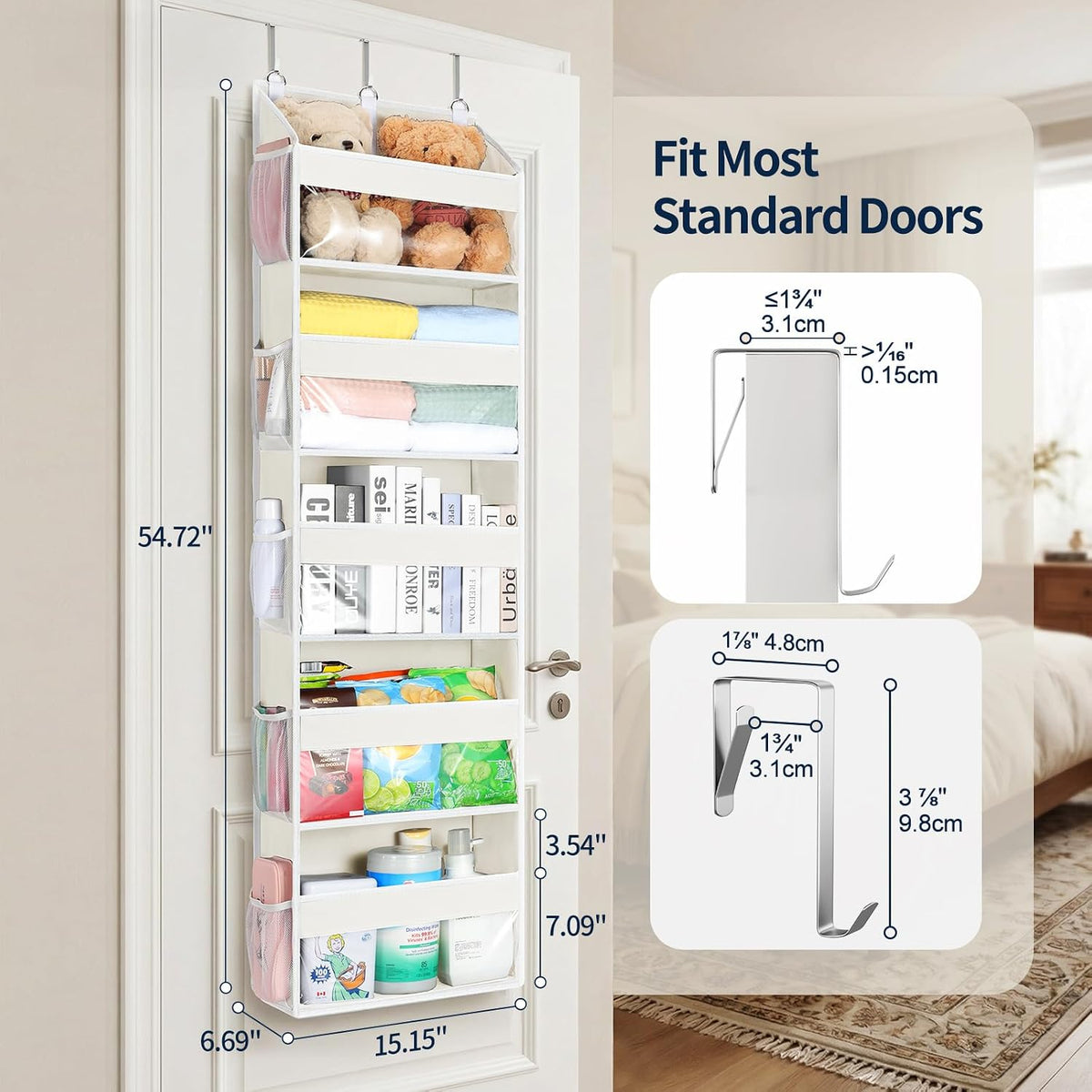 Over the Door Organizer 5 Tiers, Heavy Duty Hanging Storage with 5 Large Clear PVC Pockets and 10 Side Pockets, 56lbs Capacity for Closet Door Bathroom Bedroom Nursery Dorm Laundry Room, Grey