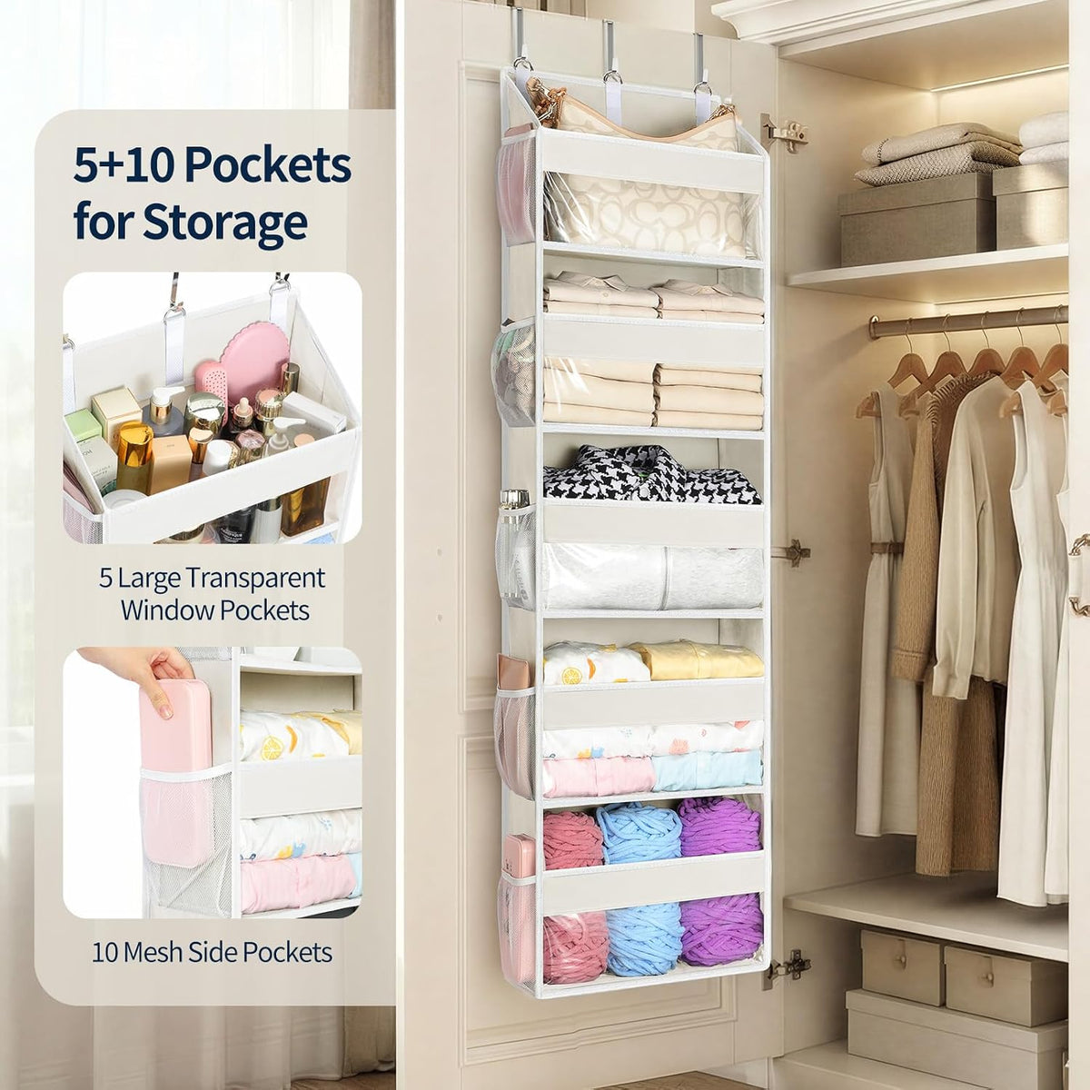Over the Door Organizer 5 Tiers, Heavy Duty Hanging Storage with 5 Large Clear PVC Pockets and 10 Side Pockets, 56lbs Capacity for Closet Door Bathroom Bedroom Nursery Dorm Laundry Room, Grey
