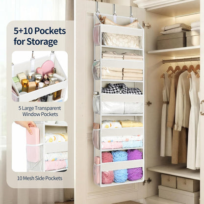 Over the Door Organizer 5 Tiers, Heavy Duty Hanging Storage with 5 Large Clear PVC Pockets and 10 Side Pockets, 56lbs Capacity for Closet Door Bathroom Bedroom Nursery Dorm Laundry Room, Grey