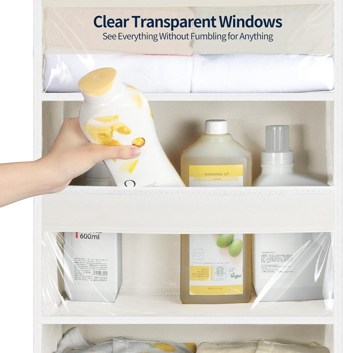 Over the Door Organizer 5 Tiers, Heavy Duty Hanging Storage with 5 Large Clear PVC Pockets and 10 Side Pockets, 56lbs Capacity for Closet Door Bathroom Bedroom Nursery Dorm Laundry Room, Grey