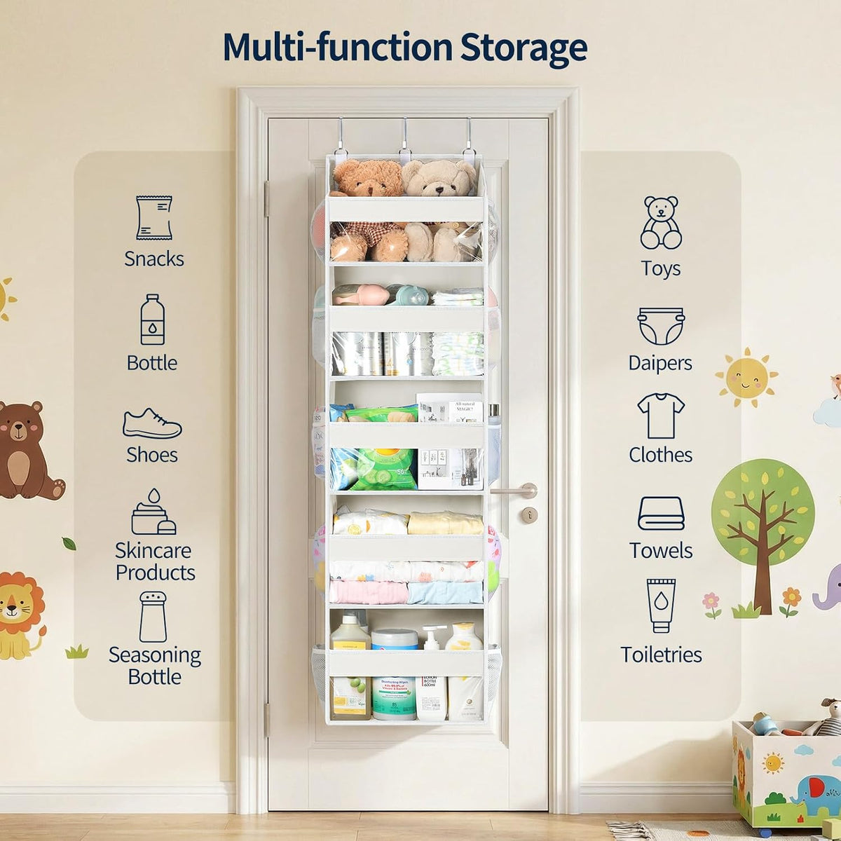 Over the Door Organizer 5 Tiers, Heavy Duty Hanging Storage with 5 Large Clear PVC Pockets and 10 Side Pockets, 56lbs Capacity for Closet Door Bathroom Bedroom Nursery Dorm Laundry Room, Grey