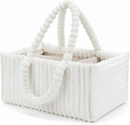Baby Diaper Caddy, Portable Diaper Caddy with Removable Dividers, Soft Flannel Storage Bin for Baby Essentials, Toys, and Supplies, White