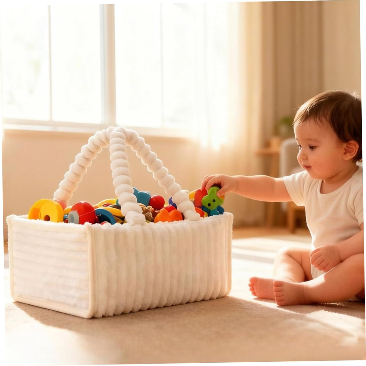 Baby Diaper Caddy, Portable Diaper Caddy with Removable Dividers, Soft Flannel Storage Bin for Baby Essentials, Toys, and Supplies, White