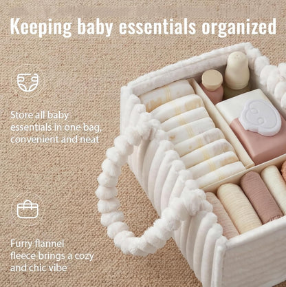 Baby Diaper Caddy, Portable Diaper Caddy with Removable Dividers, Soft Flannel Storage Bin for Baby Essentials, Toys, and Supplies, White