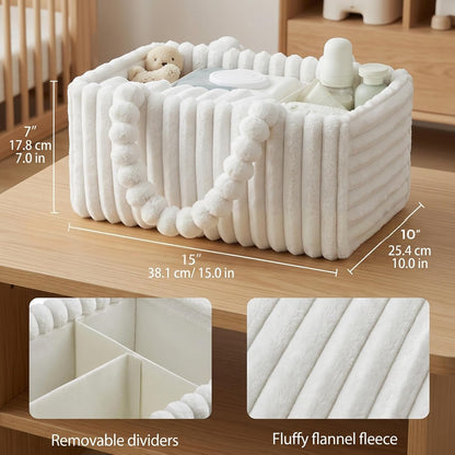 Baby Diaper Caddy, Portable Diaper Caddy with Removable Dividers, Soft Flannel Storage Bin for Baby Essentials, Toys, and Supplies, White